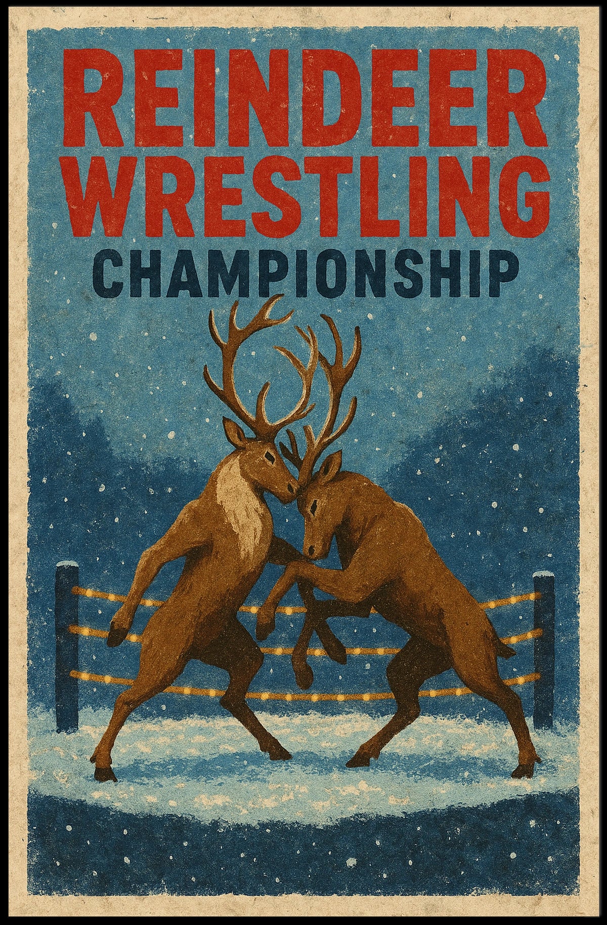 Reindeer Wrestling Championship Vintage Winter Poster