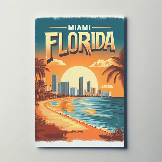 Miami Florida - Beach Sunset Vintage Travel Poster