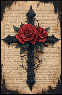 Gothic Cross with Red Roses Artistic Wall Decor Poster