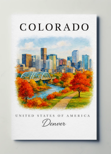Denver Skyline Autumn Path River Travel Poster