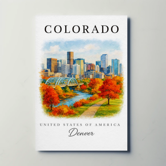 Denver Skyline Autumn Path River Travel Poster