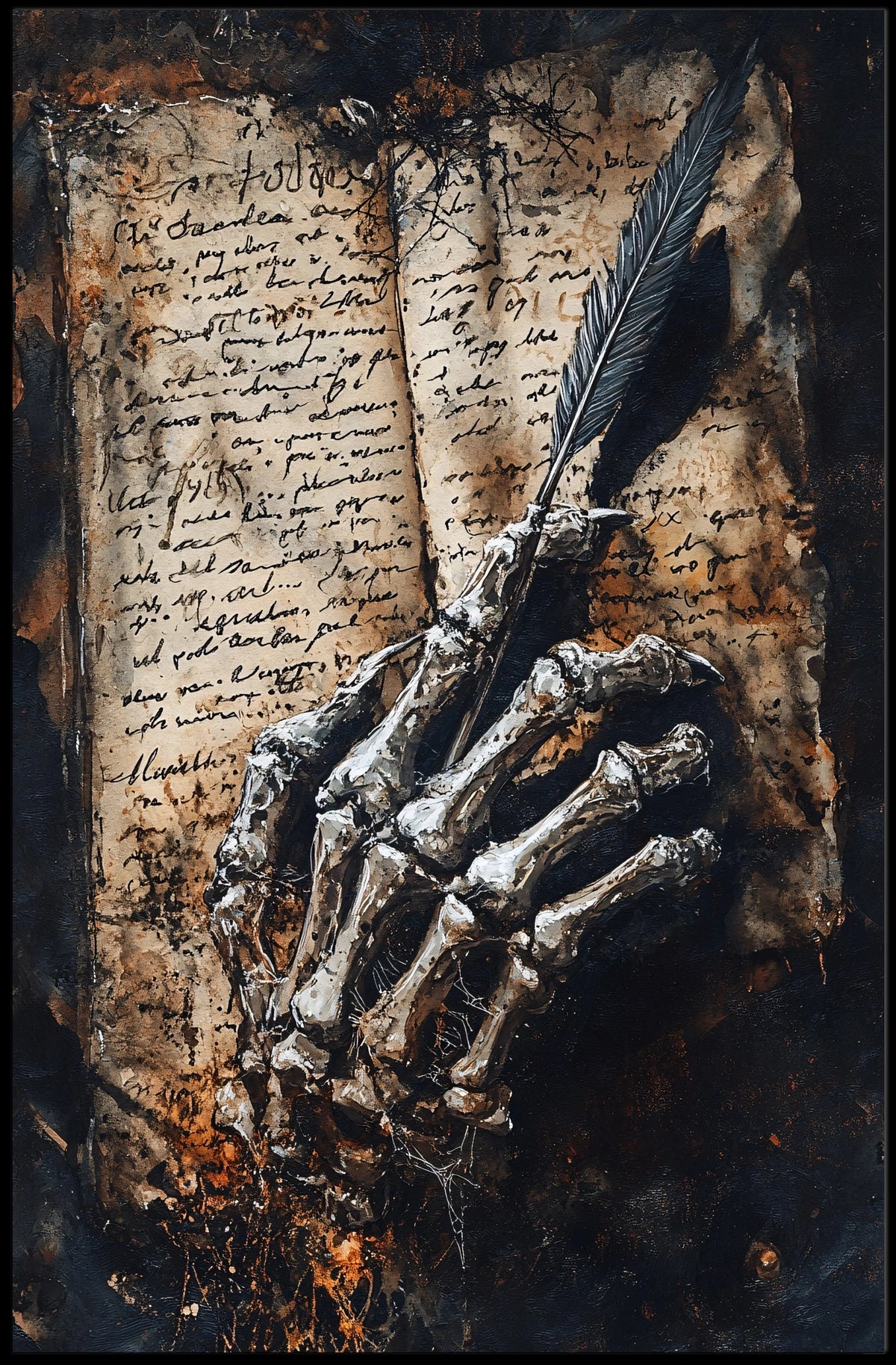 Skeletal Hand with Quill Art Print - Abstract Poster