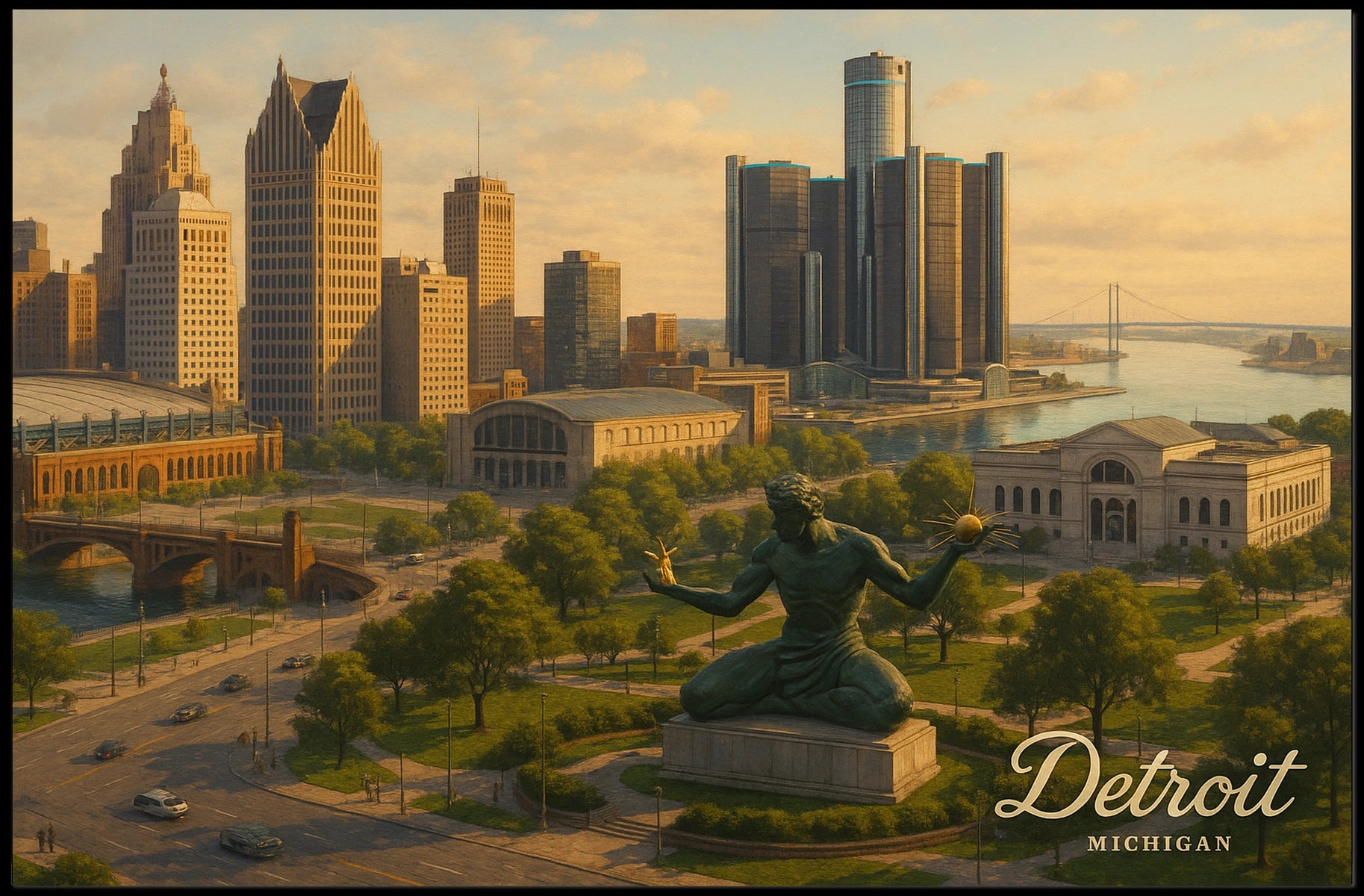 Detroit Skyline Michigan Urban Travel Photography Realism Heritage Iconic Cityscape Poster