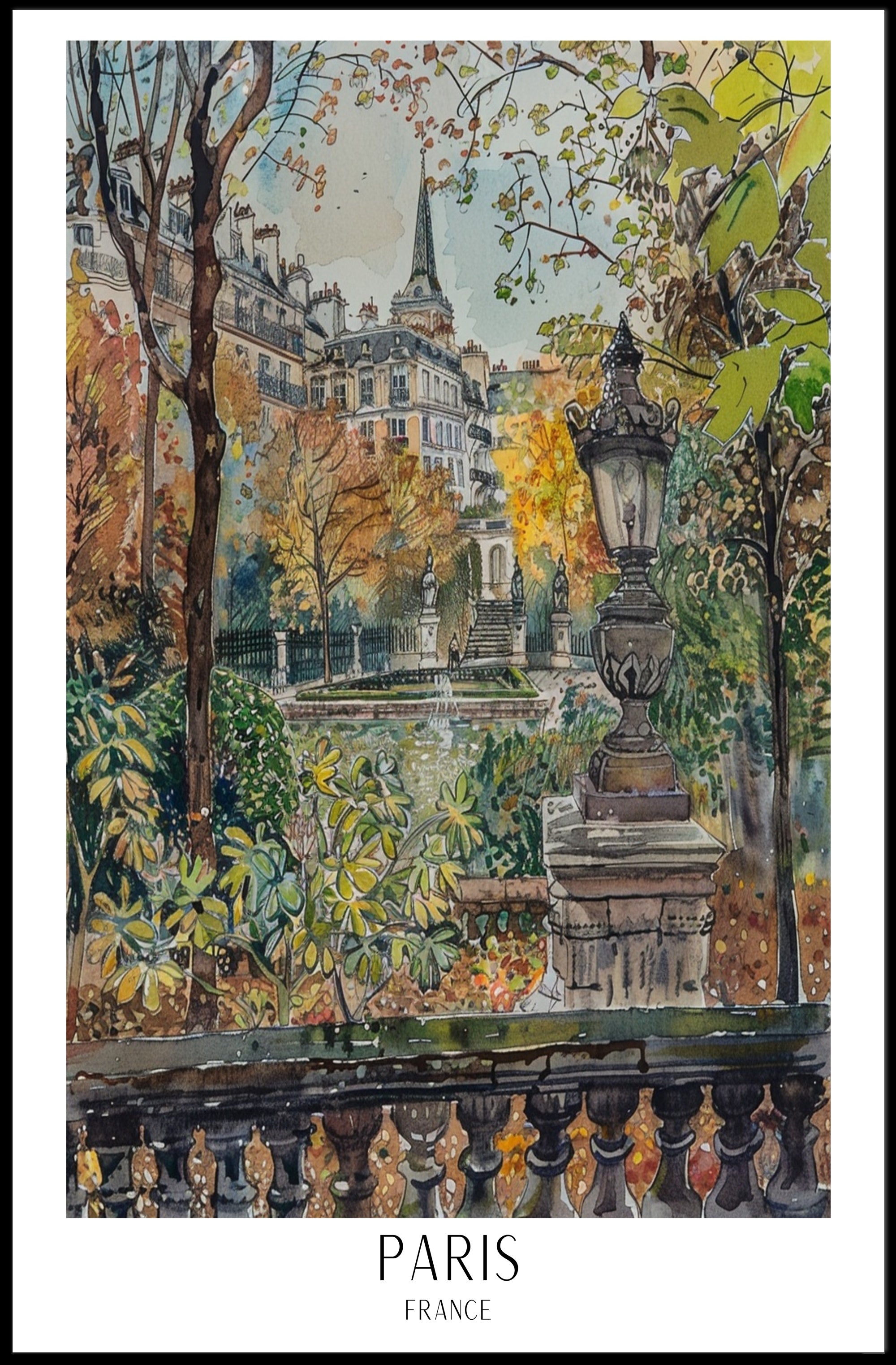 Parisian Autumn Elegance Watercolor in Urban or Cityscape Poster PosterGoat