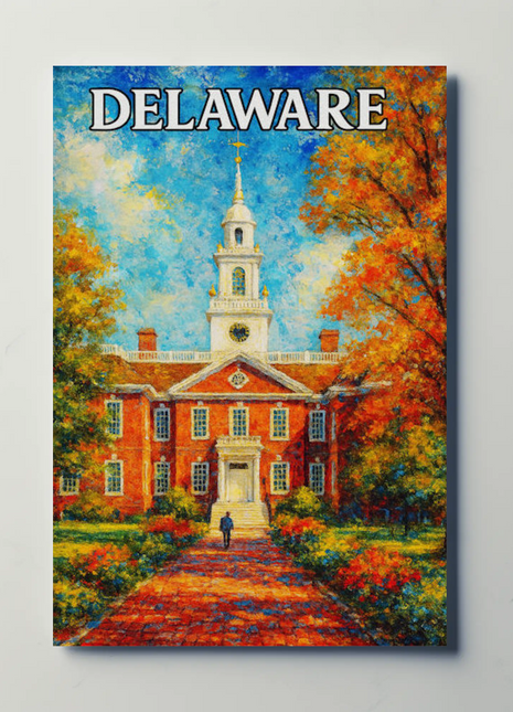 Delaware Brick Capitol Autumn Trees Travel Poster