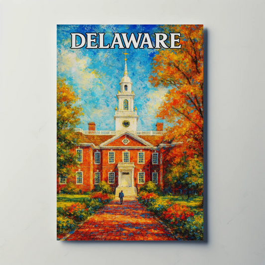 Delaware Brick Capitol Autumn Trees Travel Poster