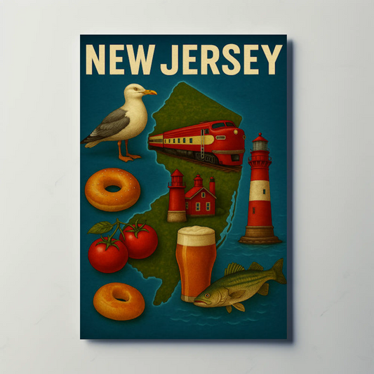 New Jersey Icons Lighthouses Bagels Beer Tomato Pride Travel Poster Travel Poster