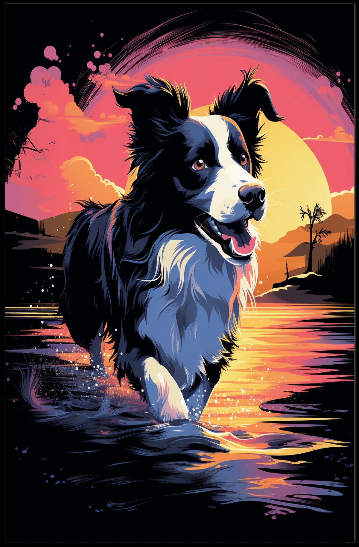 Fetching Border Collie Scenic Sunrise Dog Breed Poster