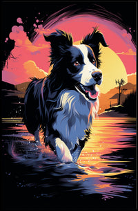 Fetching Border Collie Scenic Sunrise Dog Breed Poster