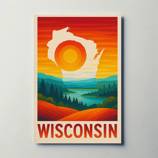 Wisconsin Sunset Nature River Forest Outline Scenic Travel Poster