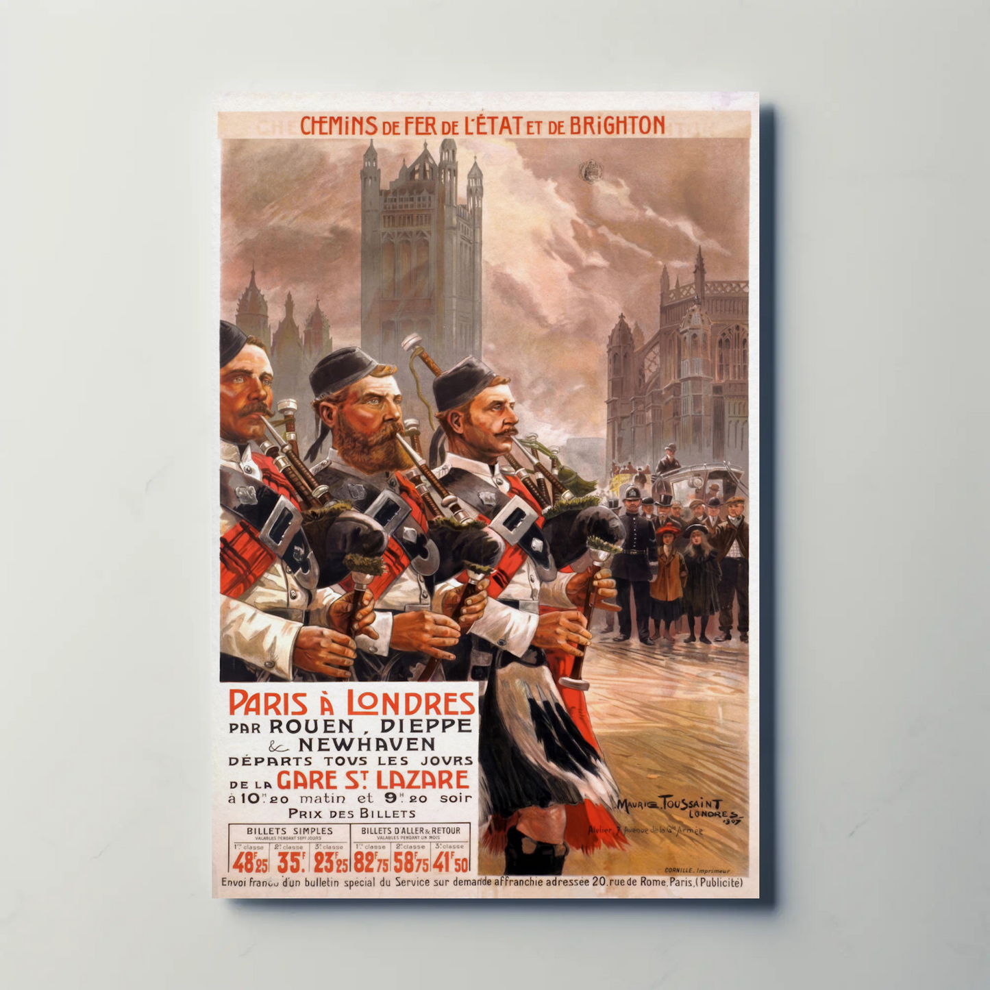 Paris To London Highland Band Vintage Travel Poster