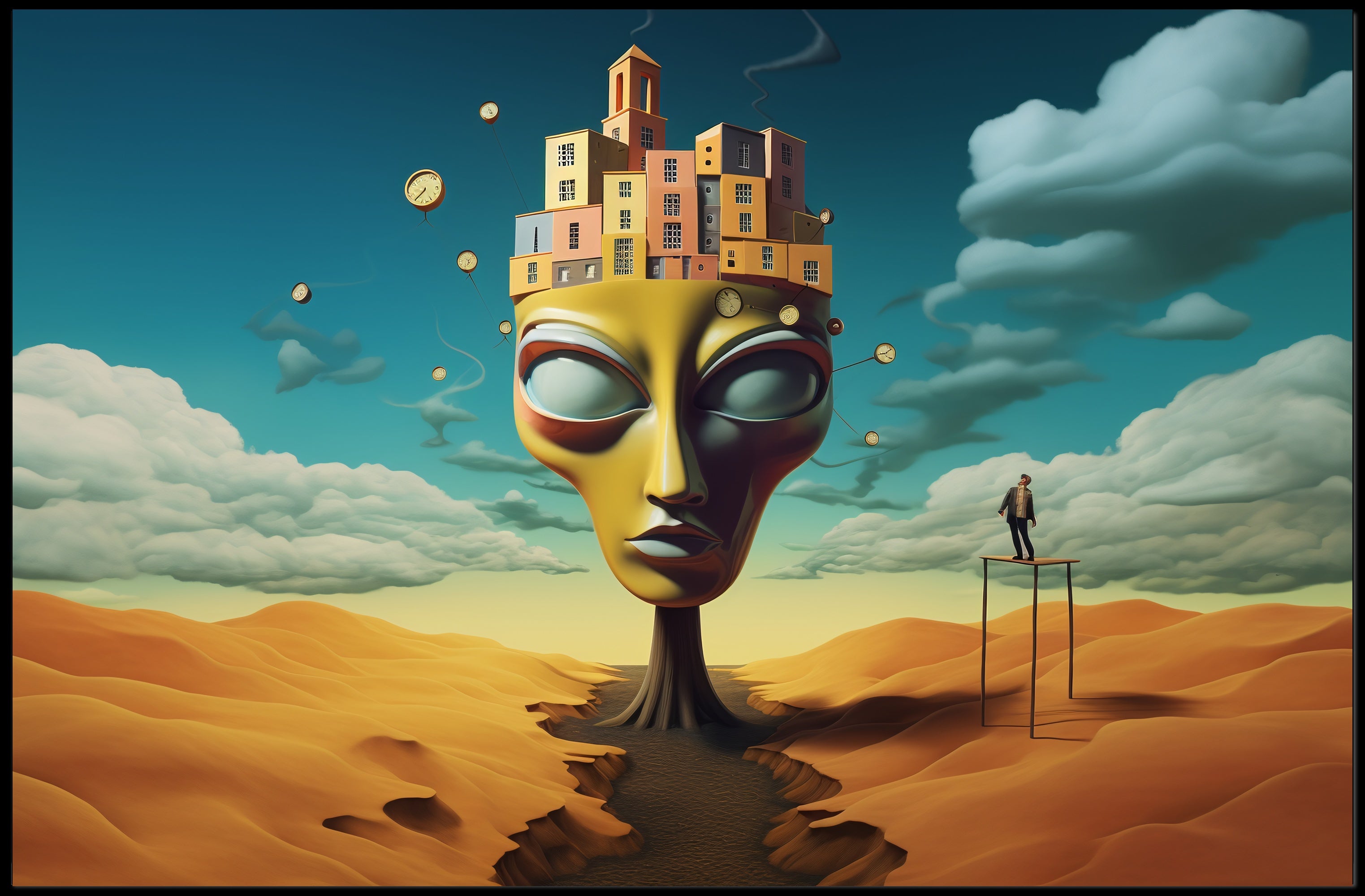 Surreal Desert Landscape with Whimsical Architecture Poster