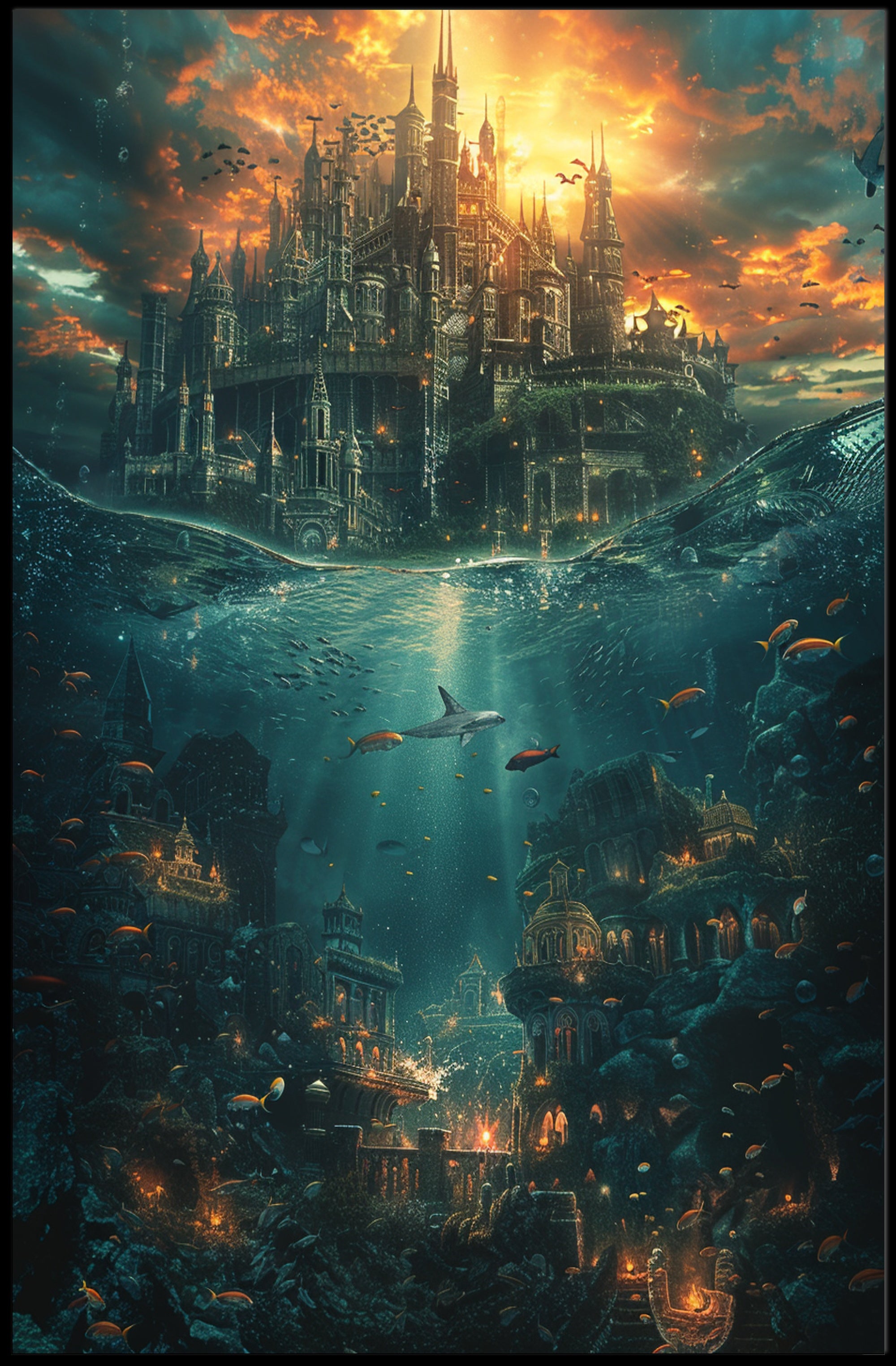 Fantastical Castle and Underwater City Fantasy Poster PosterGoat