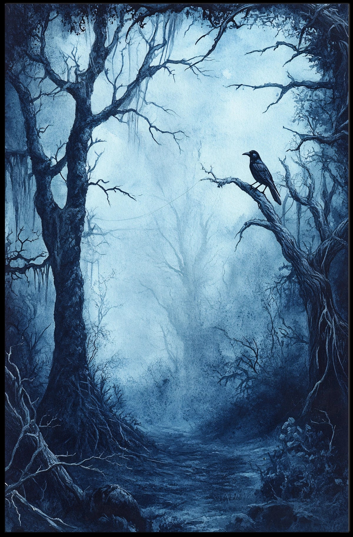 Eerie Dark Forest Scene Artistic Poster