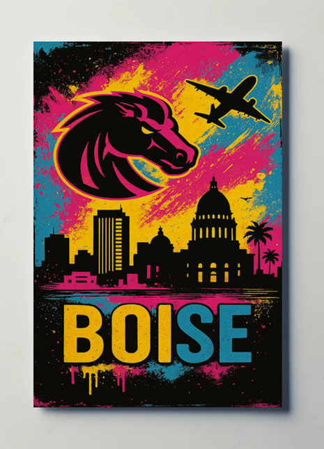 Boise Idaho Urban Skyline With Bronco Travel Poster