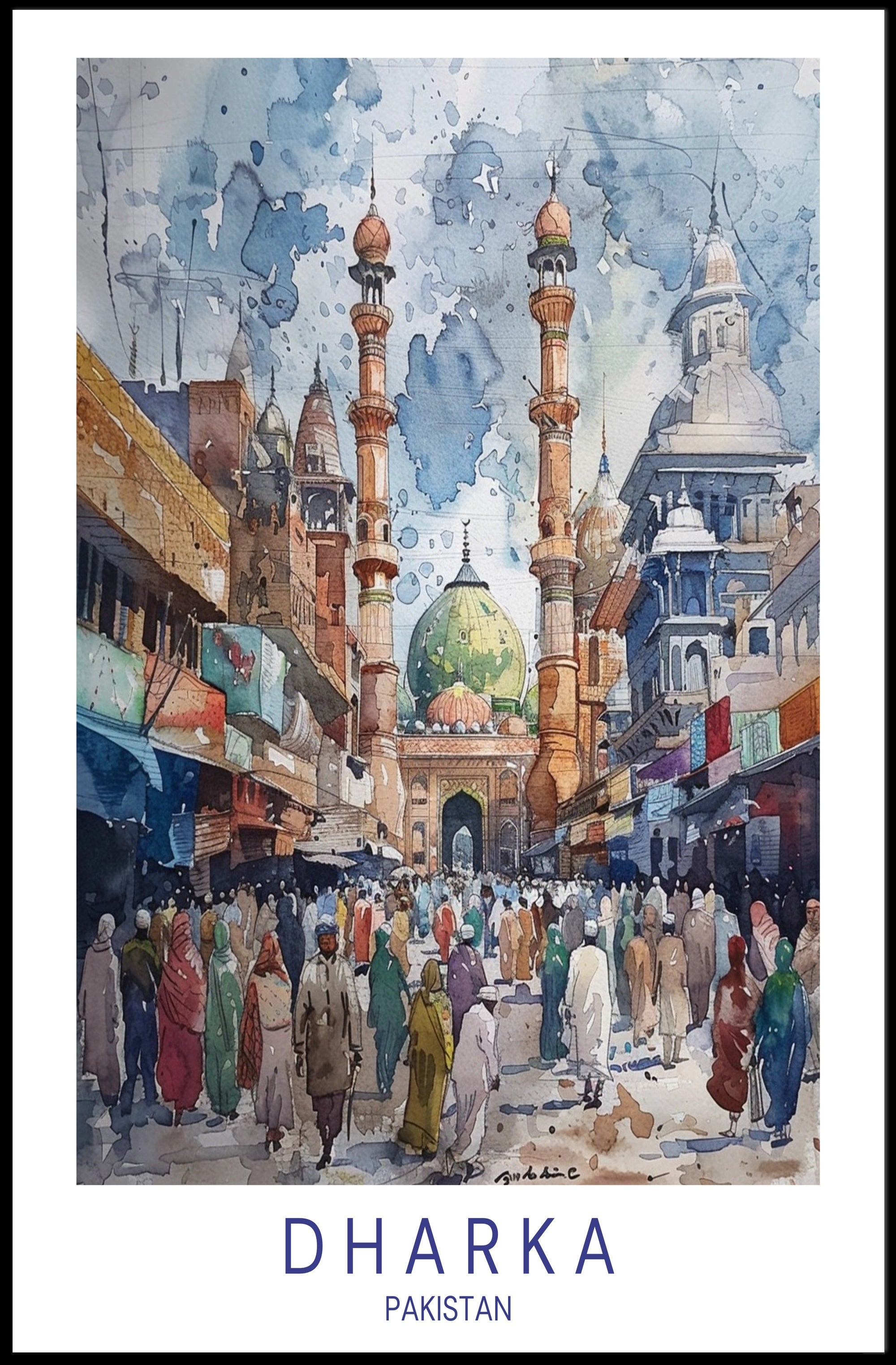 Vibrant Pakistani Street Scene in Watercolor: Cultural Heritage Poster PosterGoat