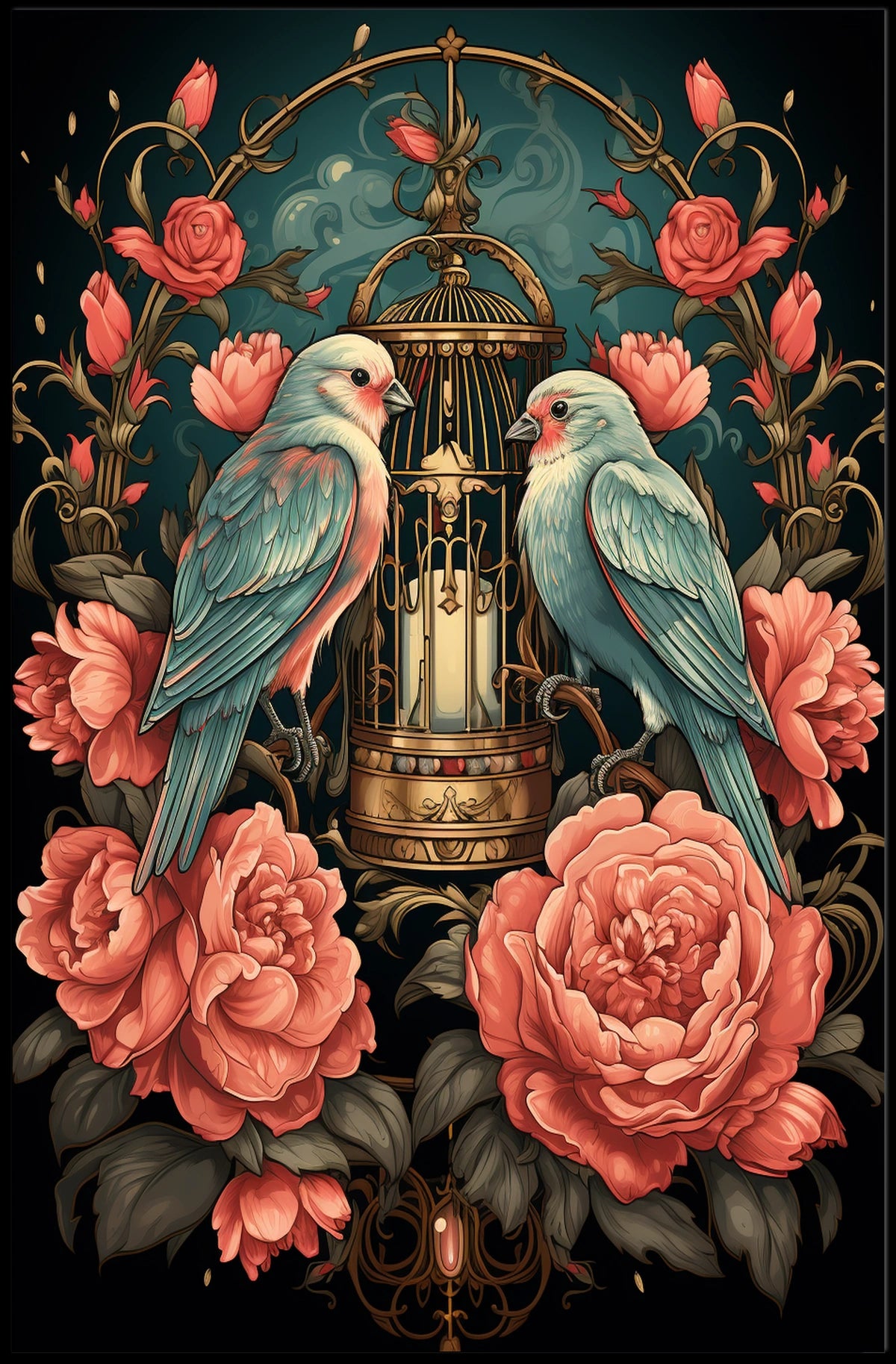 Vintage Birds and Roses Art Nouveau Poster