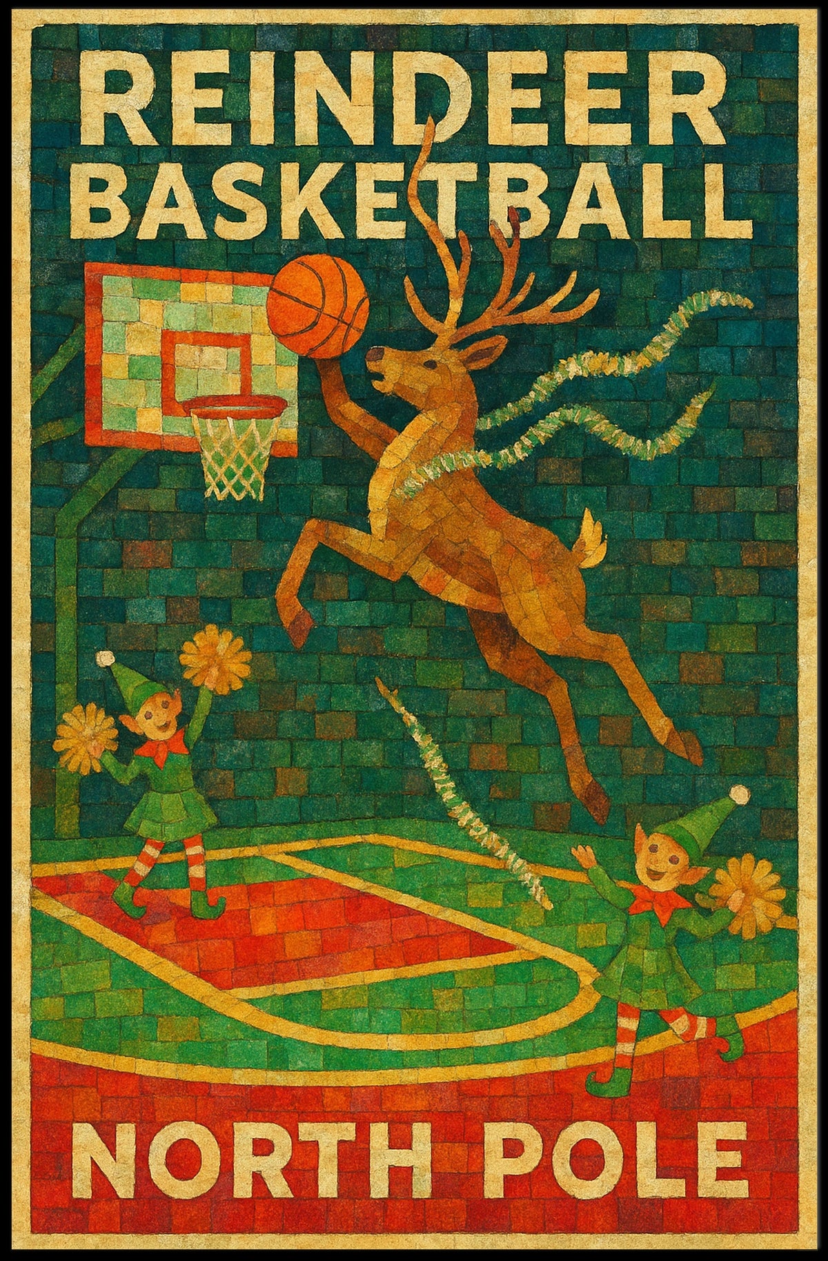 Reindeer Basketball at the North Pole Poster