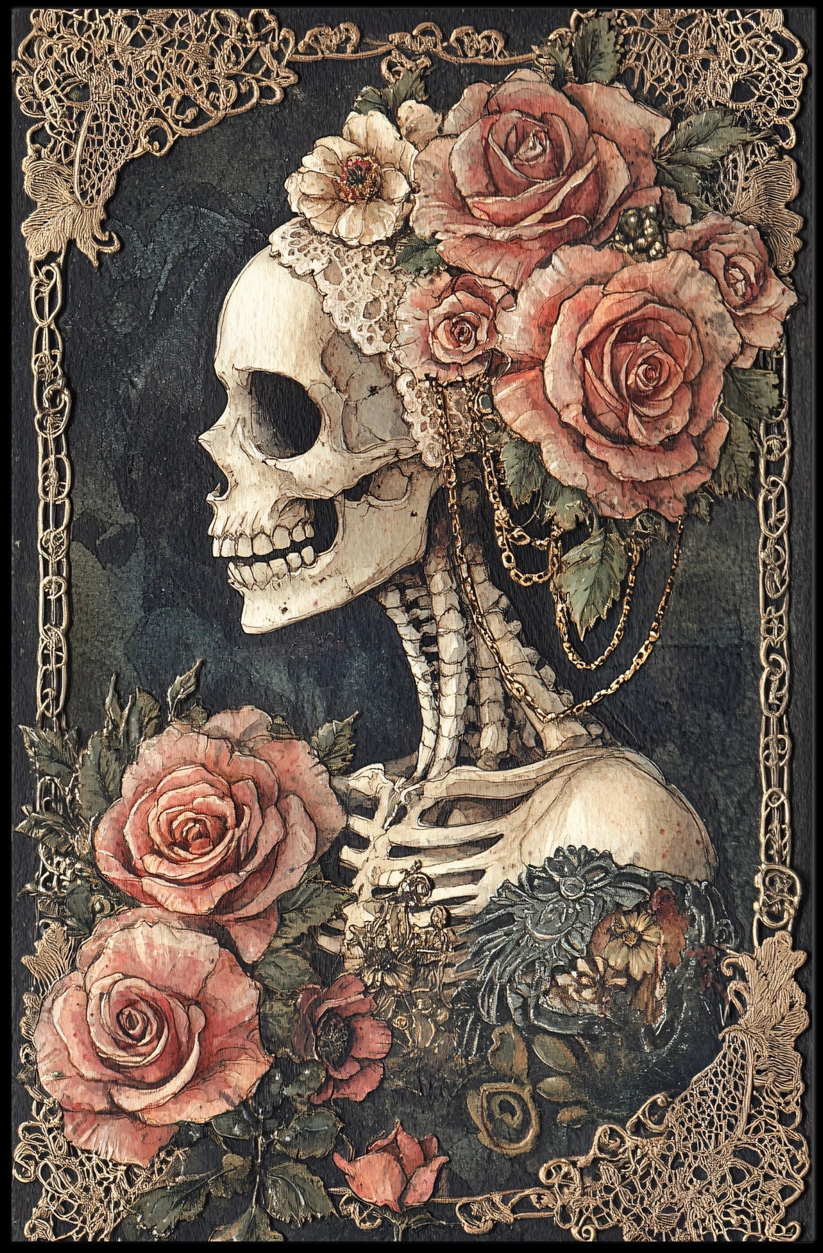 Skull and Roses Floral Elegance Artistic Poster