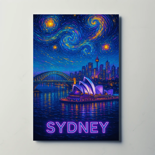 Sydney Harbor Opera House Neon Starry Night Travel Poster