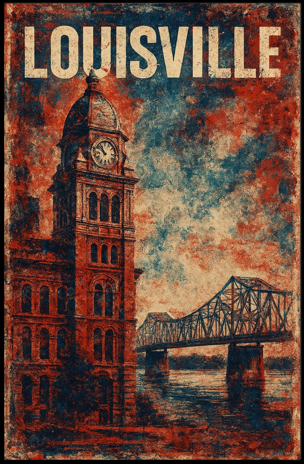 Louisville Clock Tower Cityscape Vintage Expressionism Poster