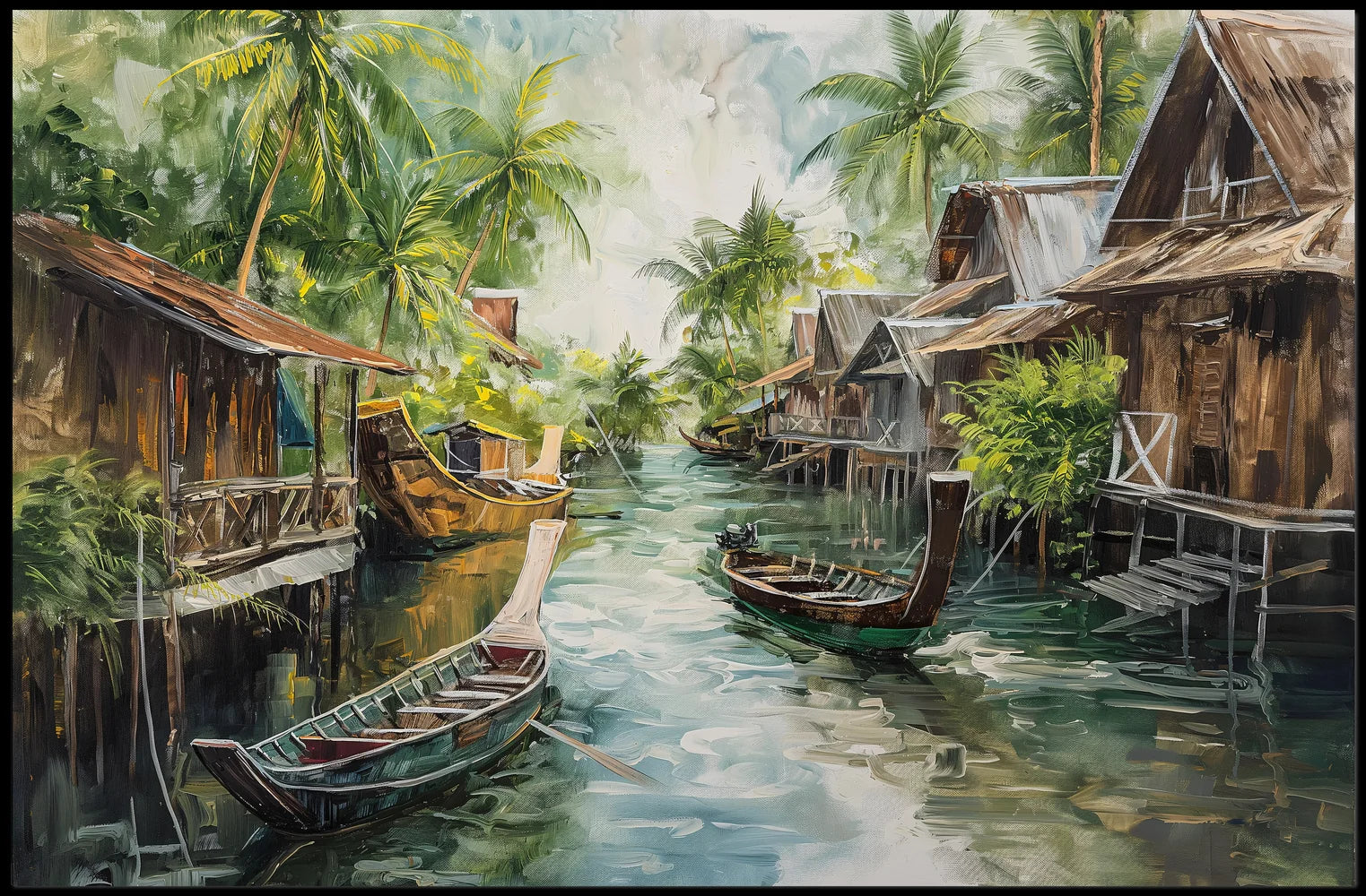 Serene Asian Floating Village Impressionistic Art Poster