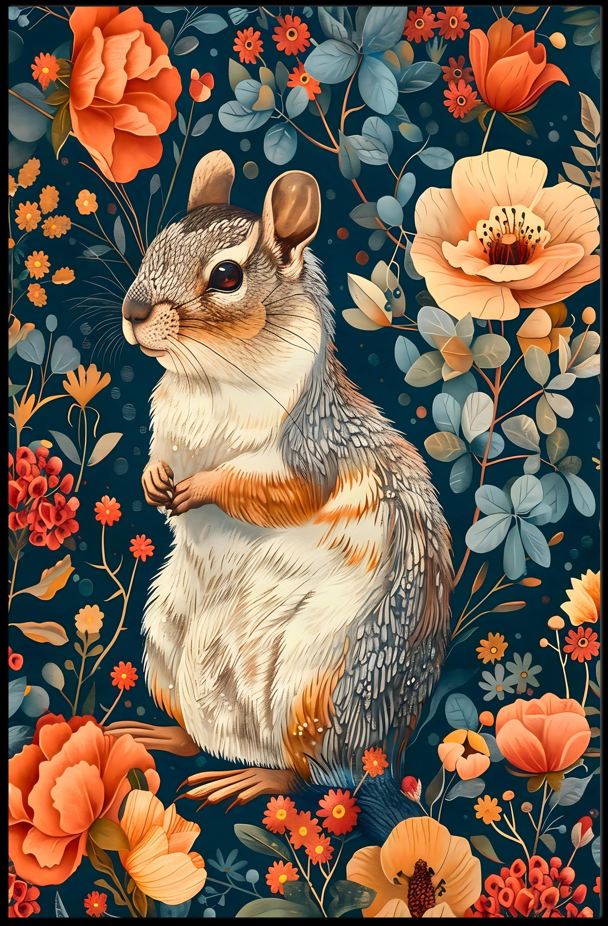 Whimsical Squirrel and Flowers Vibrant Animal Poster