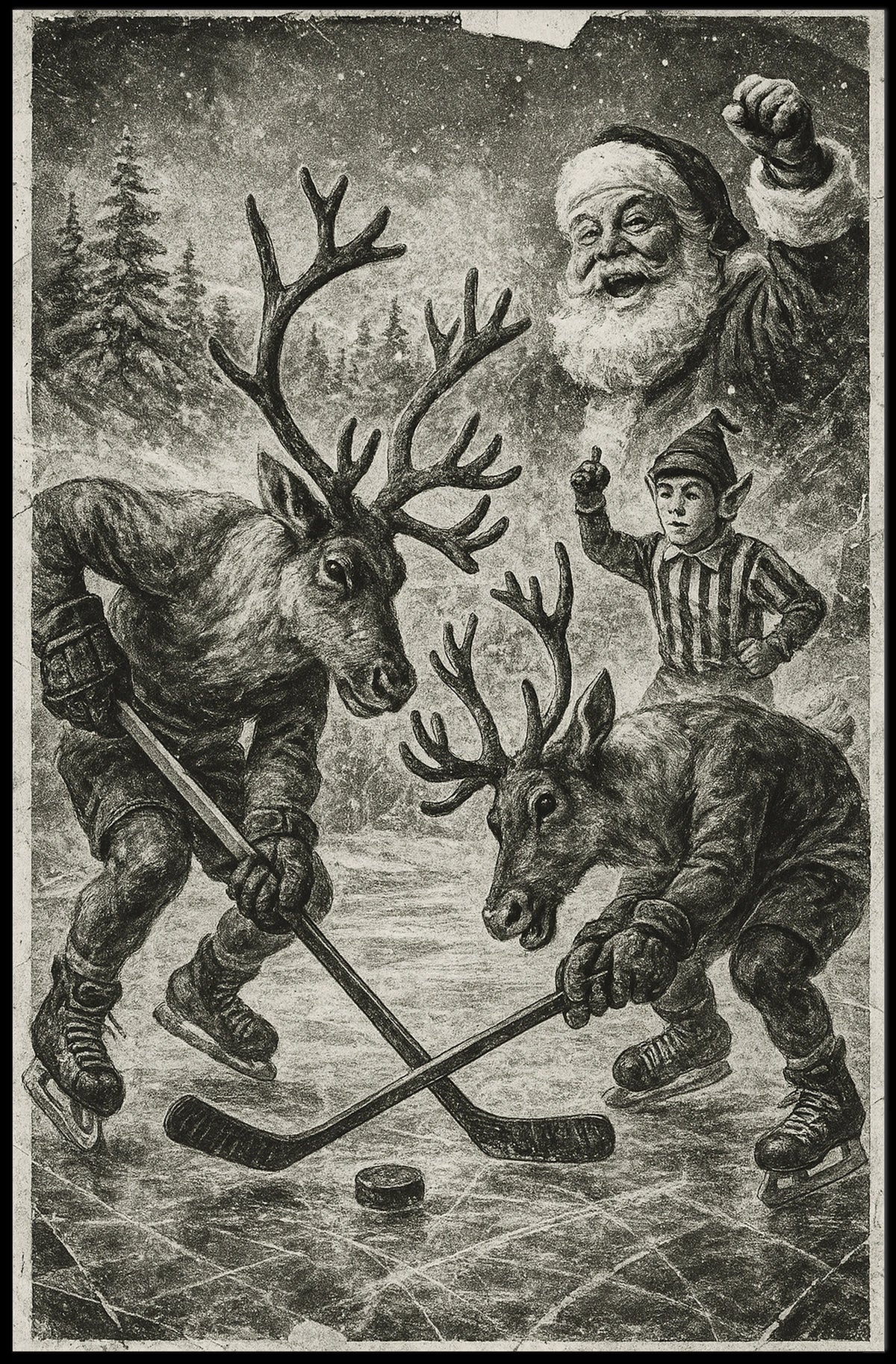Whimsical Reindeer Ice Hockey Winter Sports Poster