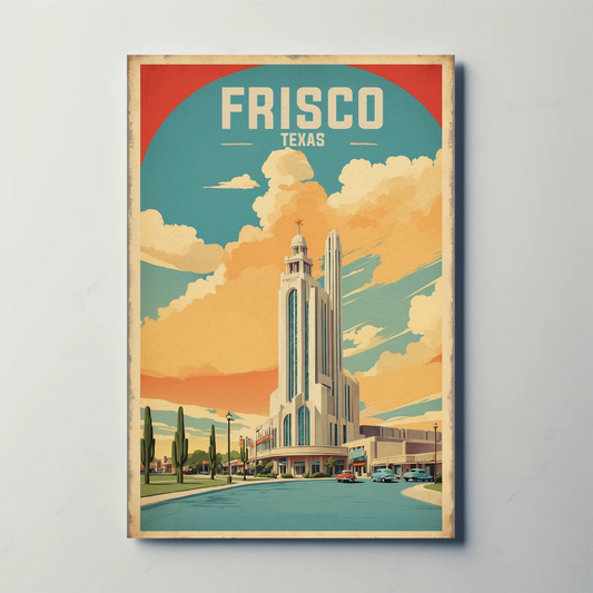 Frisco Texas Modern Tower Sunset Street Vintage Travel Poster