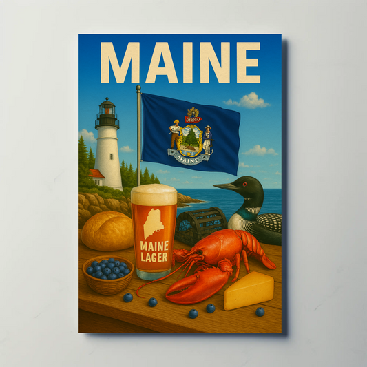Maine Lobster Lighthouse Blueberry Beer Nature Travel Poster