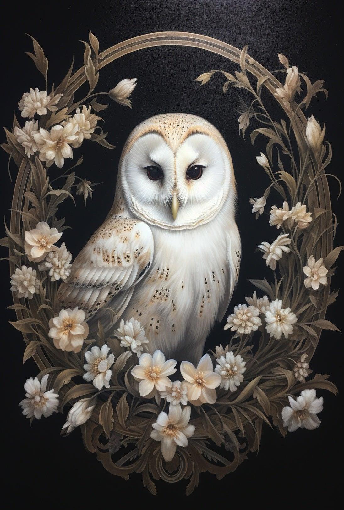 Barn Owl and Floral Wreath Animal Poster