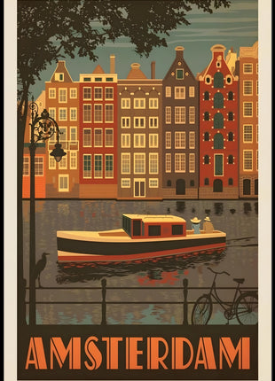 Amsterdam Vintage Travel Poster Depicting Retro Canal Scene