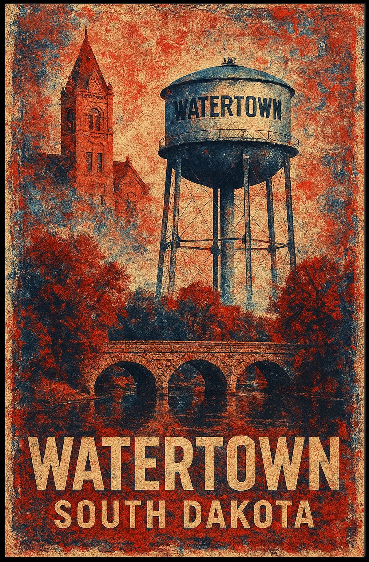 Watertown South Dakota Vintage Water Tower Retro Poster