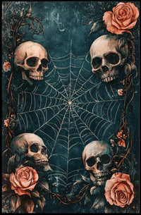 The poster has a gothic and macabre theme, featuring four human skulls arranged Travel Poster
