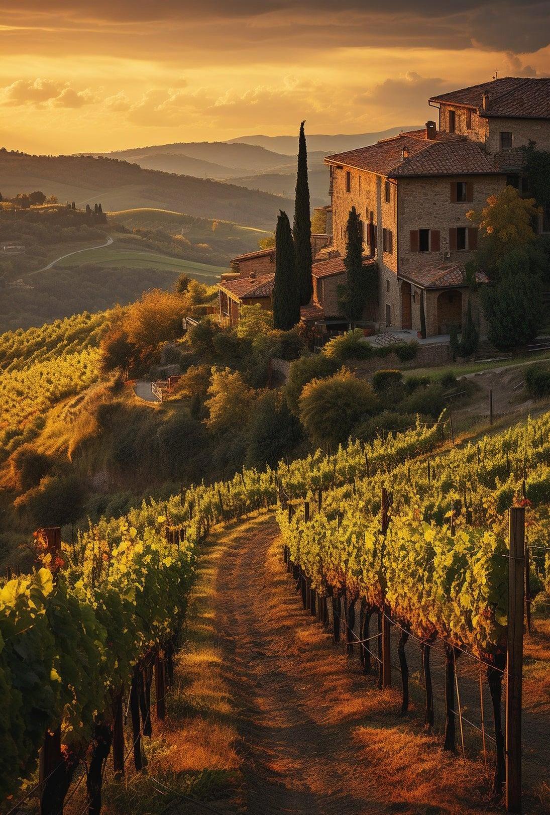 Tuscany Vineyards Sunset Travel Poster