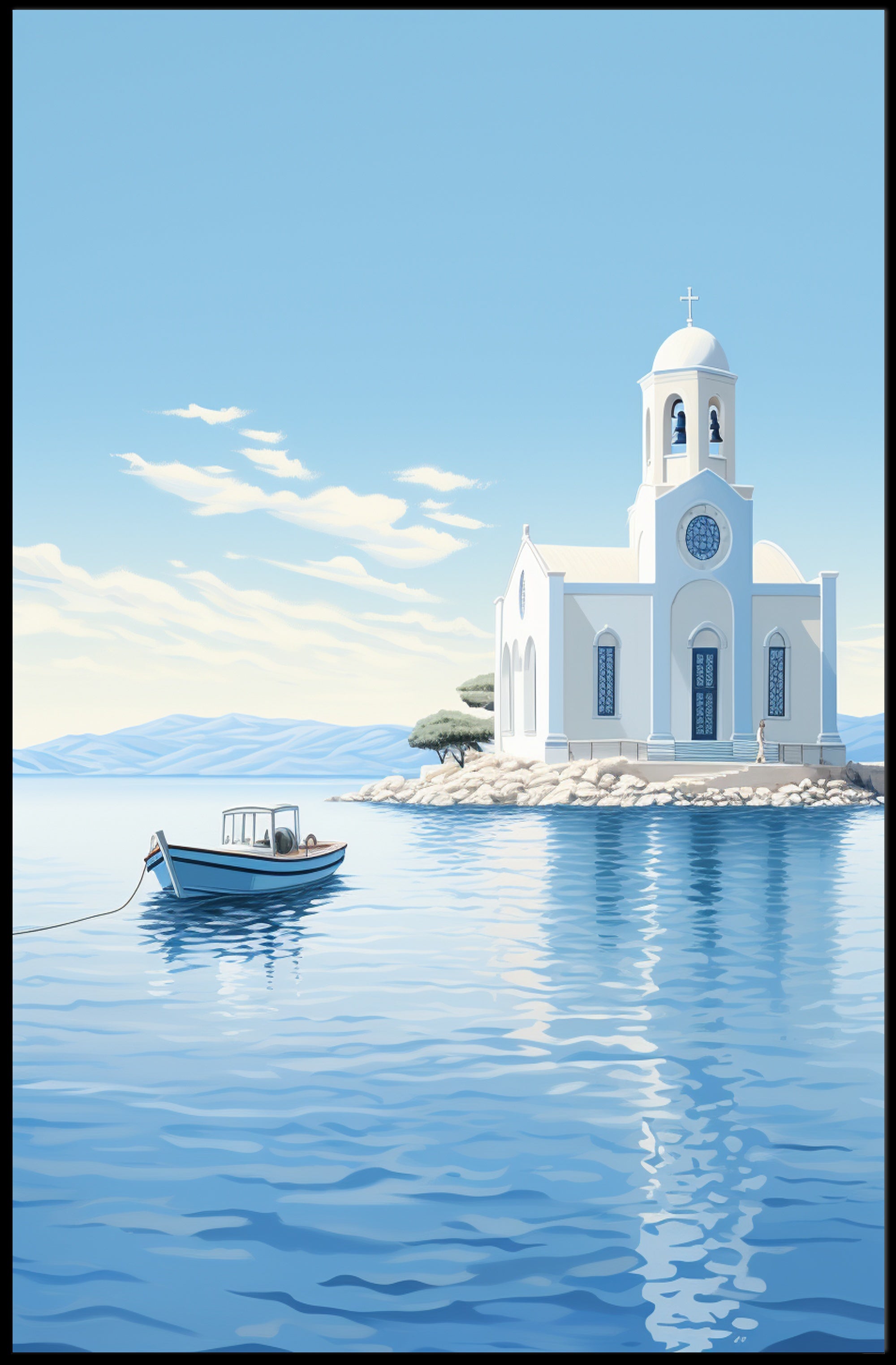 Serene Greek Coastal Scene Minimalist Travel Poster