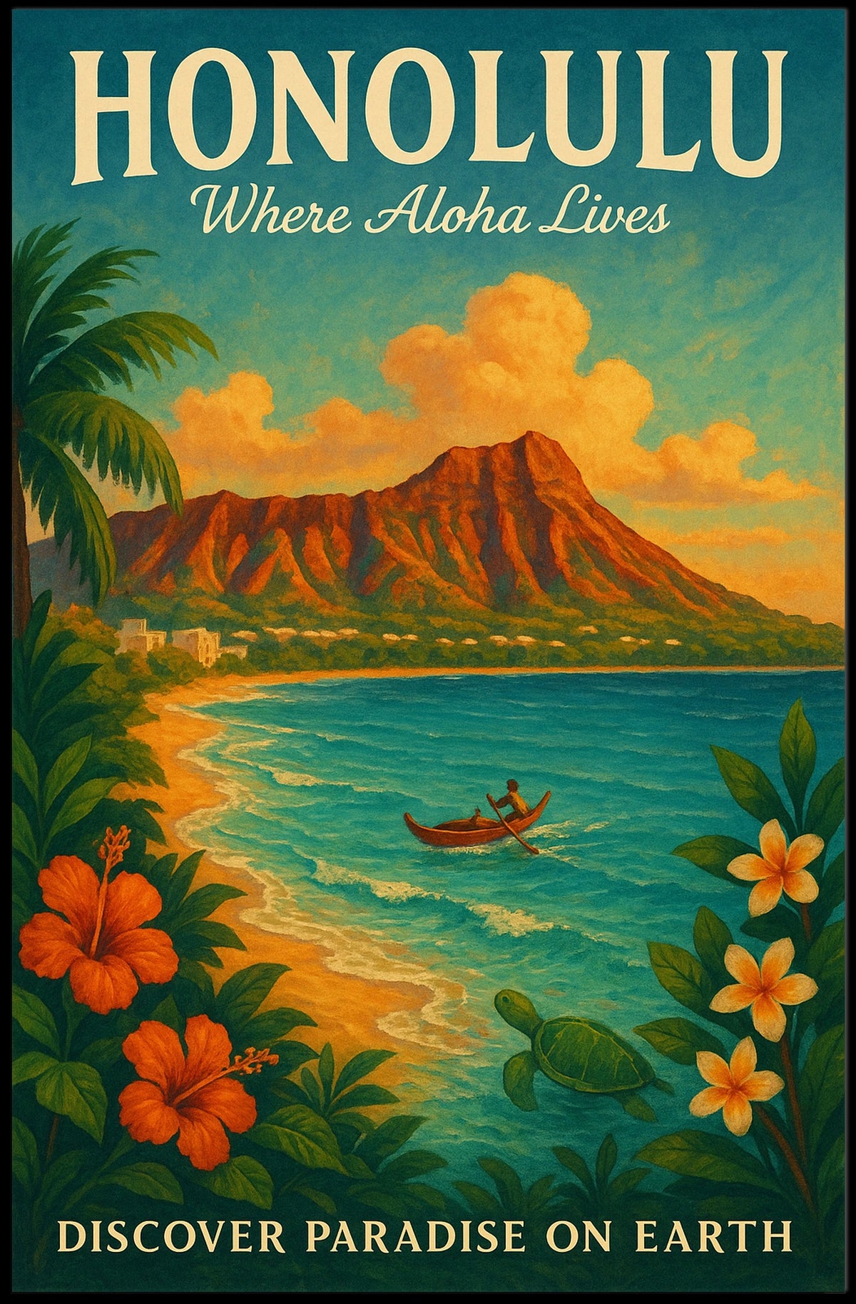 Honolulu Vintage Paradise Travel Poster Illustration