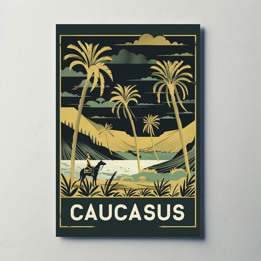Caucasus Desert Palms Camel Rider Landscape Vintage Travel Poster