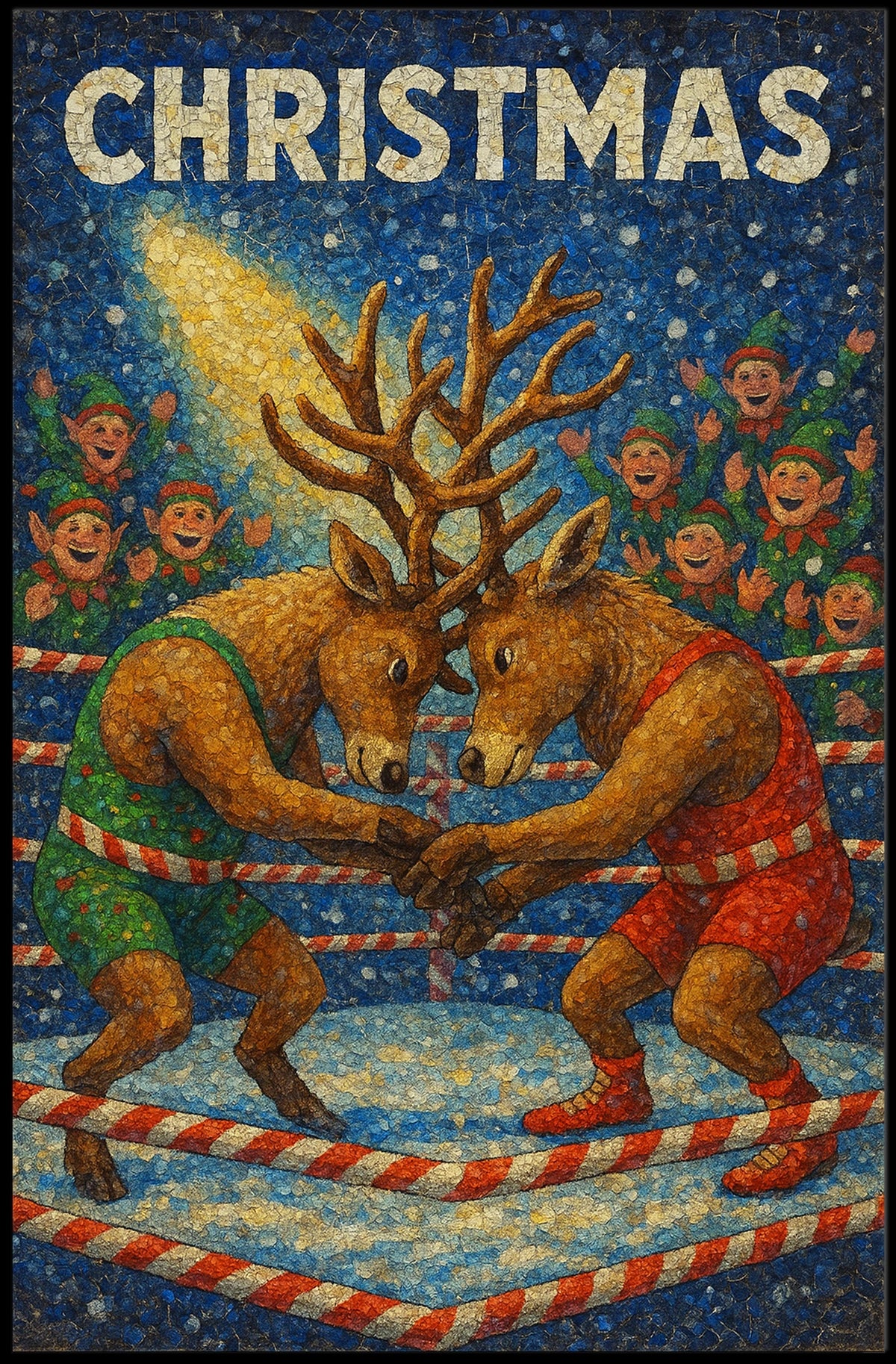 Christmas Wrestling Reindeer: Whimsical Holiday Fantasy Poster