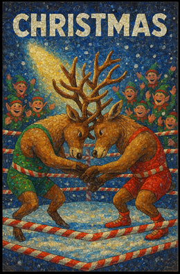 Christmas Wrestling Reindeer: Whimsical Holiday Fantasy Poster
