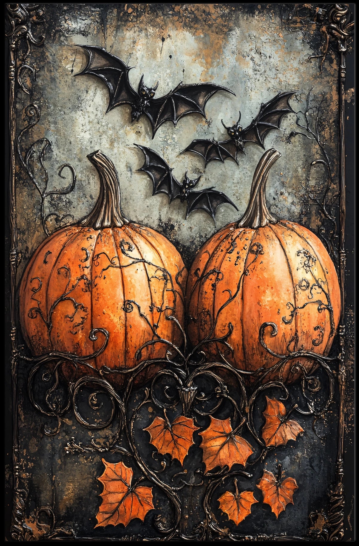 Gothic Pumpkin and Bat Halloween Art Poster