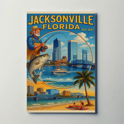 Jacksonville Florida Fishing Bridge Skyline Travel Poster