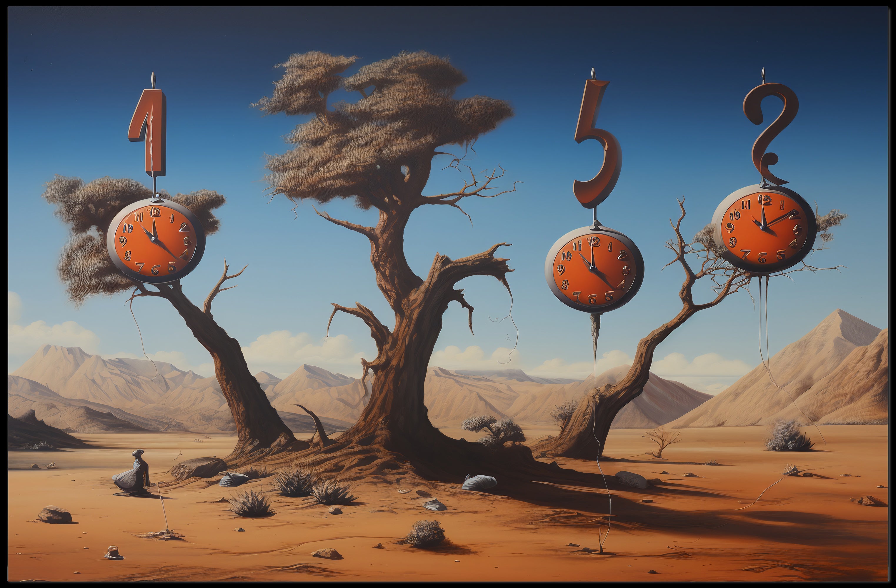 Surreal Desert Clockscape: Abstract or Artistic Poster