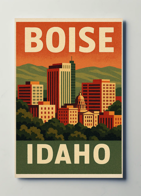 Boise Idaho Retro Sunset Skyline Vintage Travel Poster