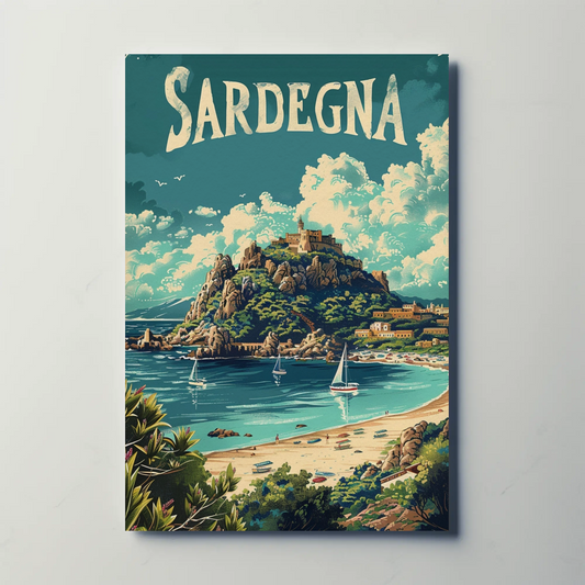 Sardegna Coastal Castle Beach Travel Poster