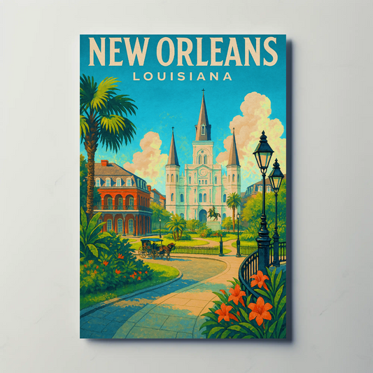 New Orleans Louisiana Cathedral Garden Vintage Travel Poster