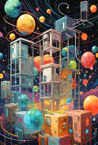 Futuristic Space Adventure Art Poster: Whimsical Sci-Fi Design