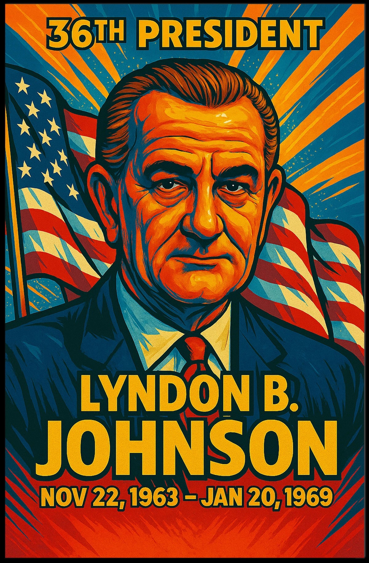 Lyndon B. Johnson 36th President of the United States Colorful Comic Book Style Poster