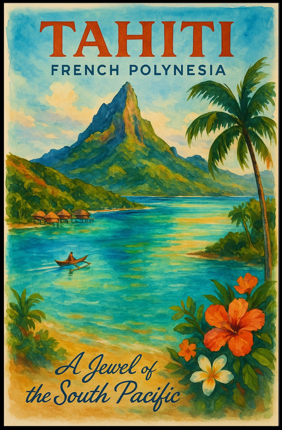Tahiti Travel Poster – Vintage French Polynesia Wall Art, South Pacific Paradise Decor