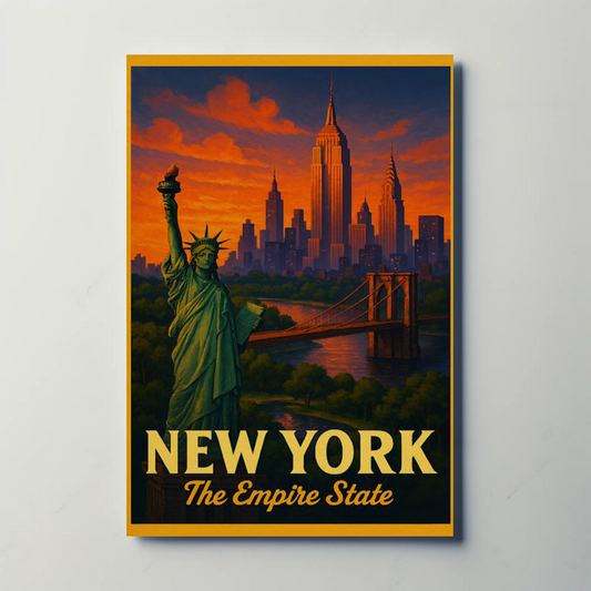 New York Empire State Liberty Brooklyn Bridge Sunset Travel Poster